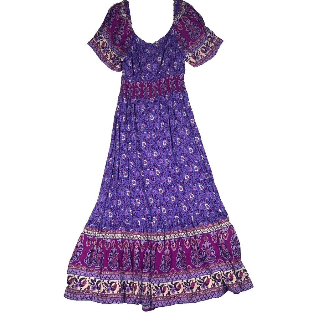 Rusttydustty XL Purple Boho Floral Maxi Dress Viscose Smocked Empire Waist